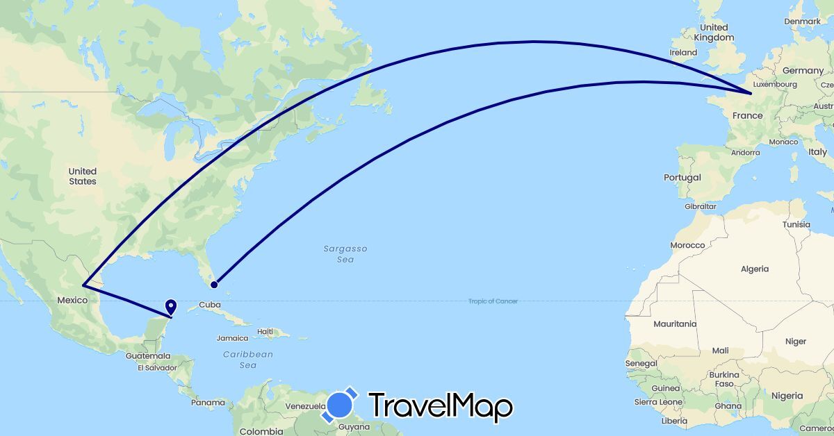 TravelMap itinerary: driving in France, Mexico, United States (Europe, North America)